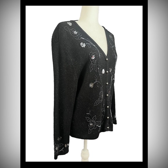 Work In Progress Black Cardigan Sequins Shimmer Holiday Vintage Inspired Large - Picture 2 of 8